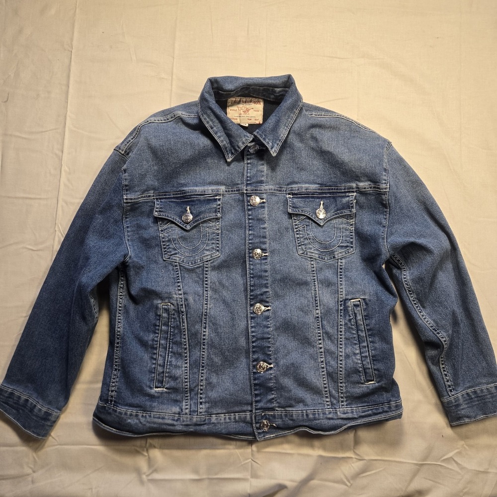 True Religion Oversized Glitter Denim Jacket Womens Large Horseshoe Logo Blue